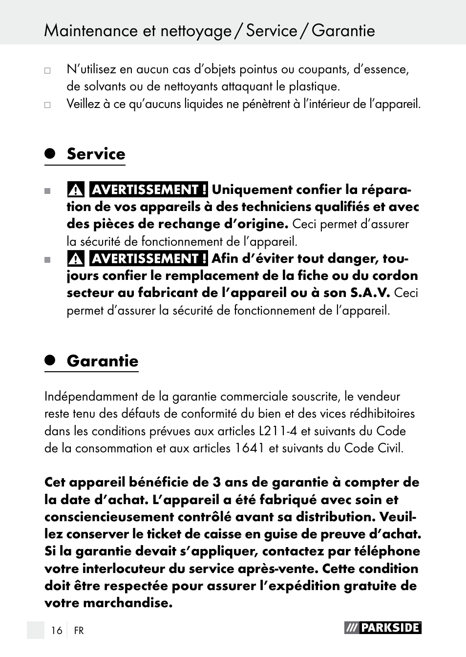 Service, Garantie | Parkside PLS 48 B1 User Manual | Page 16 / 46