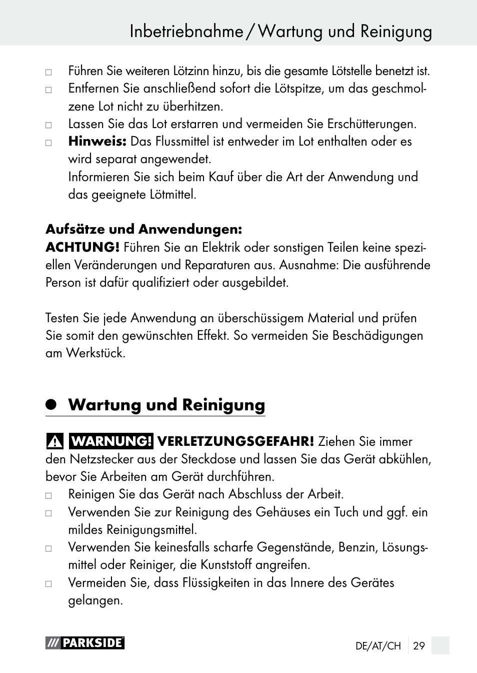 Inbetriebnahme / wartung und reinigung, Inbetriebnahme, Wartung und reinigung | Parkside PLS 48 B1 User Manual | Page 29 / 46