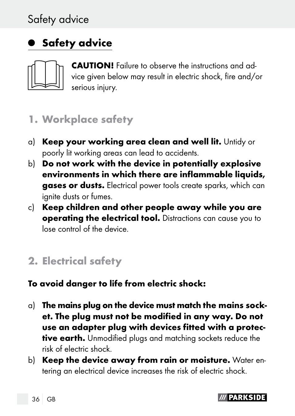 Safety advice, Workplace safety, Electrical safety | Parkside PLS 48 B1 User Manual | Page 36 / 46