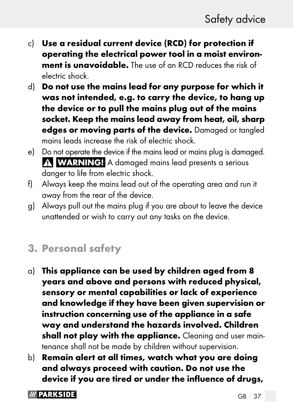 Safety advice, Personal safety | Parkside PLS 48 B1 User Manual | Page 37 / 46