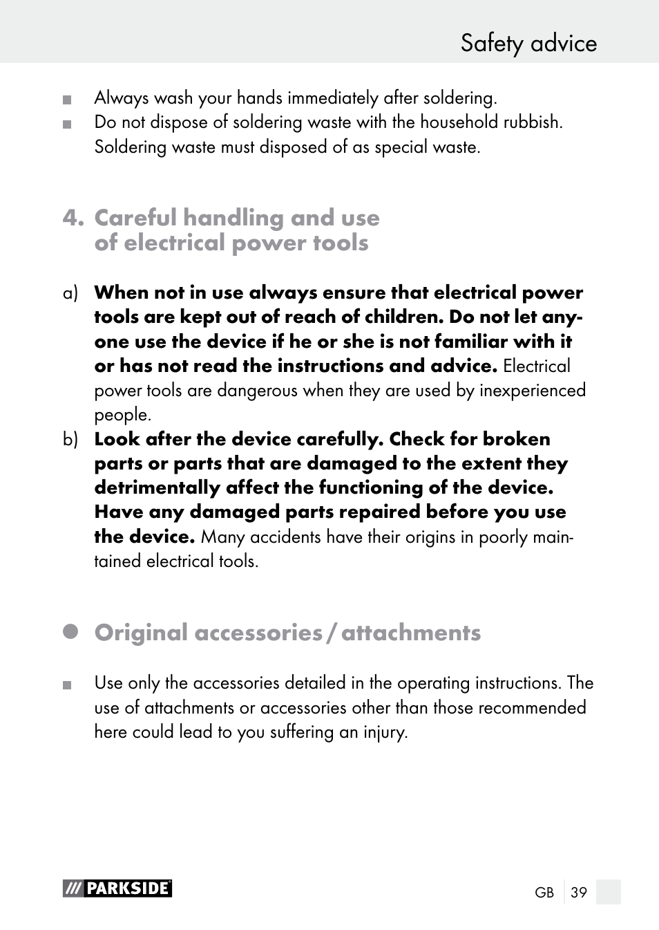 Safety advice, Careful handling and use of electrical power tools, Original accessories / attachments | Parkside PLS 48 B1 User Manual | Page 39 / 46