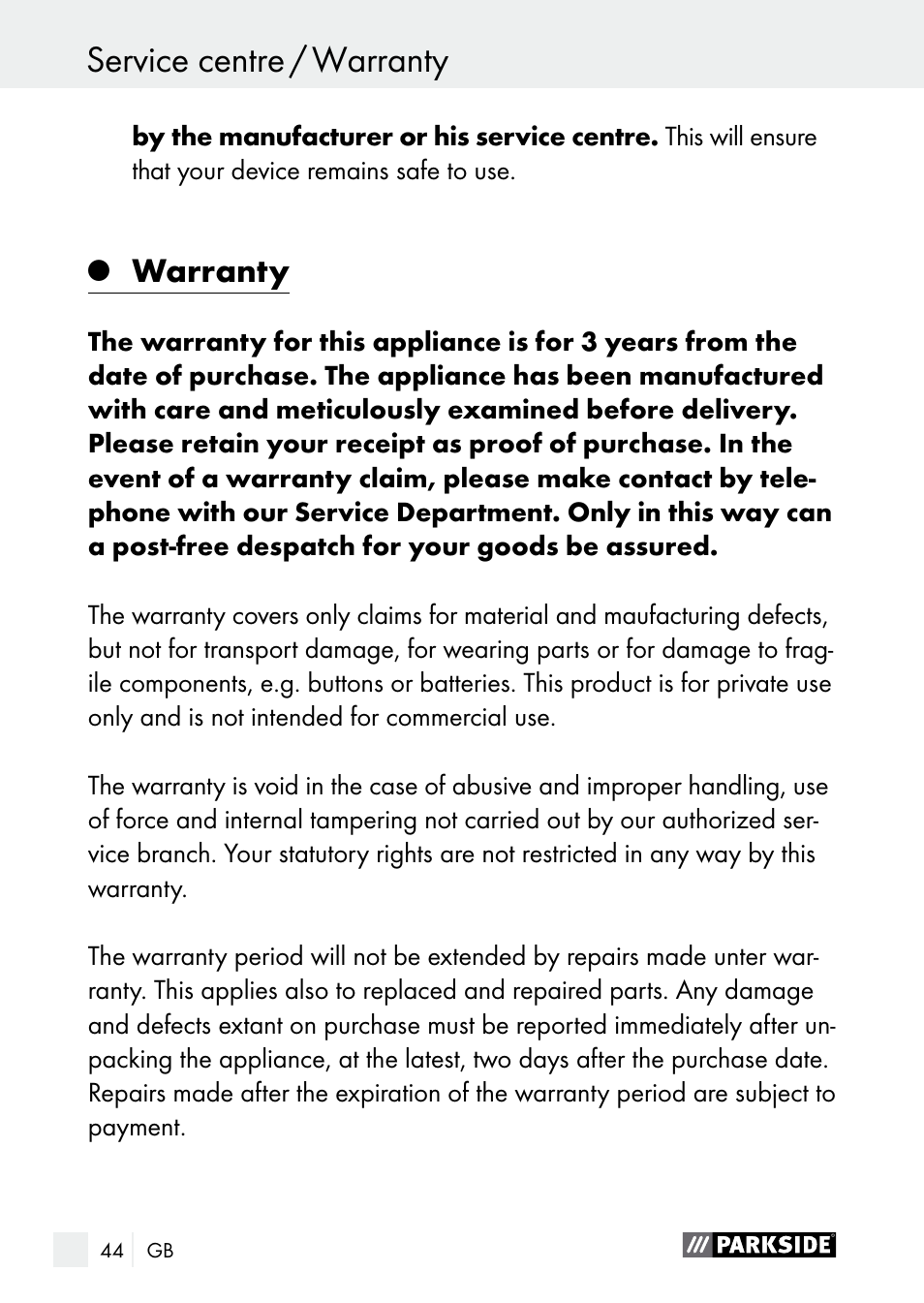 Warranty / disposal service centre / warranty, Warranty | Parkside PLS 48 B1 User Manual | Page 44 / 46