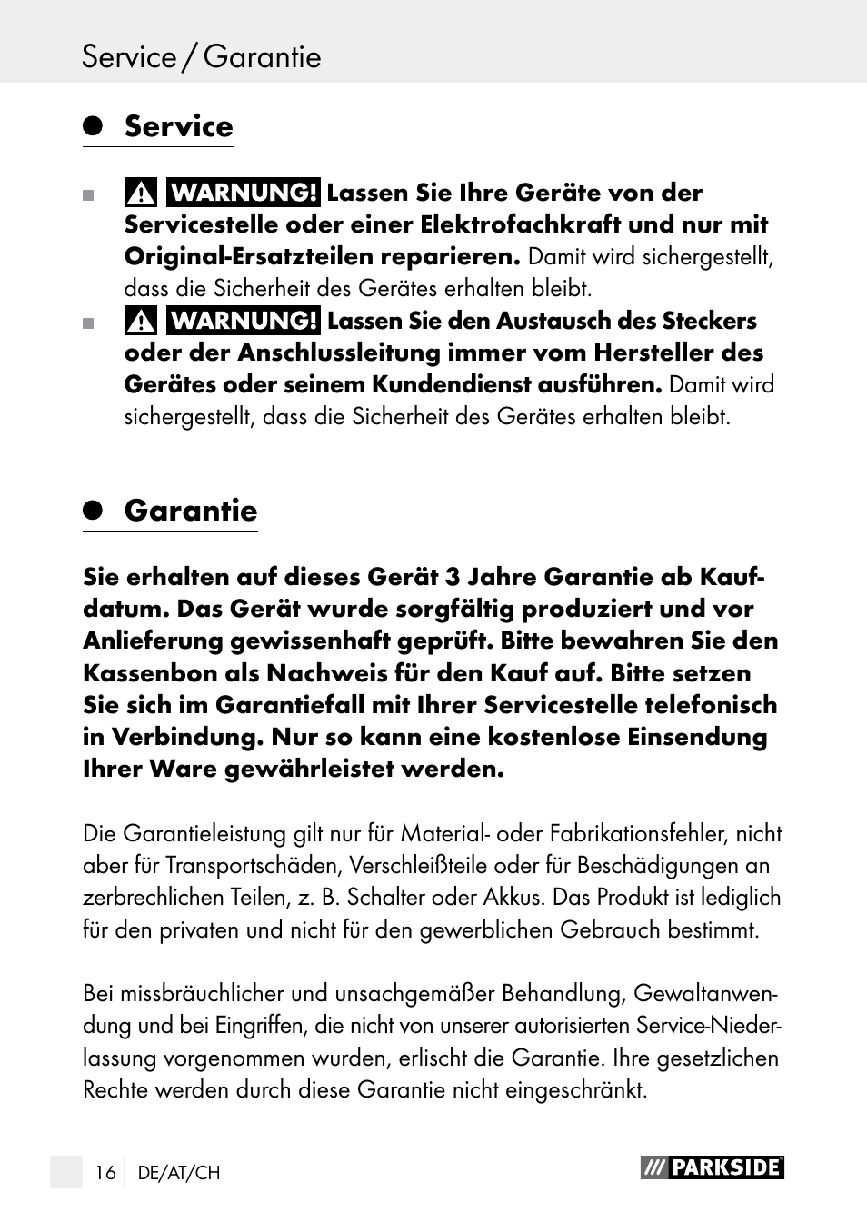 Garantie service / garantie, Service, Garantie | Parkside PLS 48 B1 User Manual | Page 16 / 60