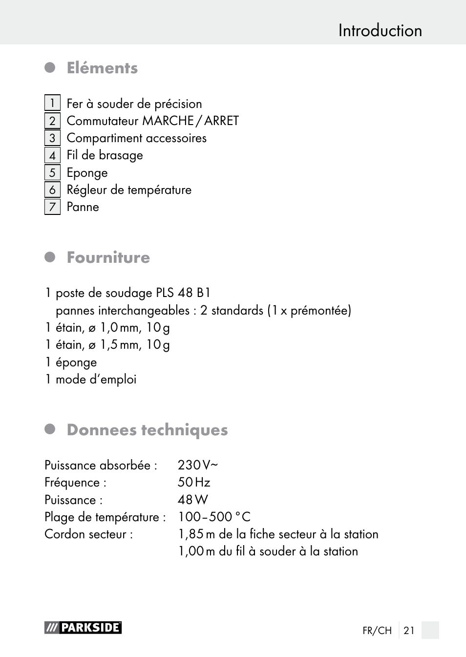 Introduction, Eléments, Fourniture | Donnees techniques | Parkside PLS 48 B1 User Manual | Page 21 / 60