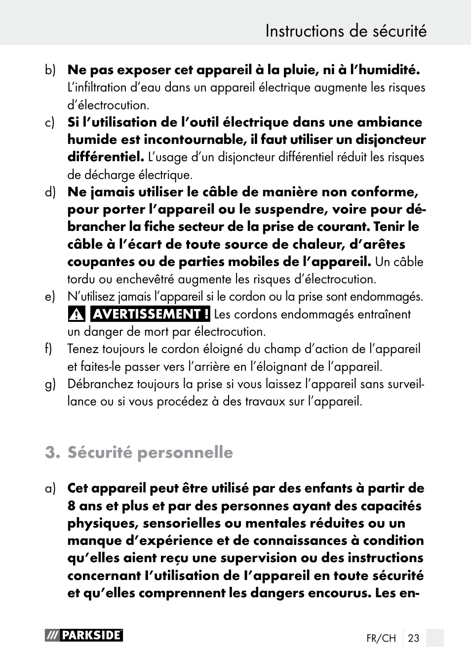 Instructions de sécurité instructions de sécurité, Sécurité personnelle | Parkside PLS 48 B1 User Manual | Page 23 / 60