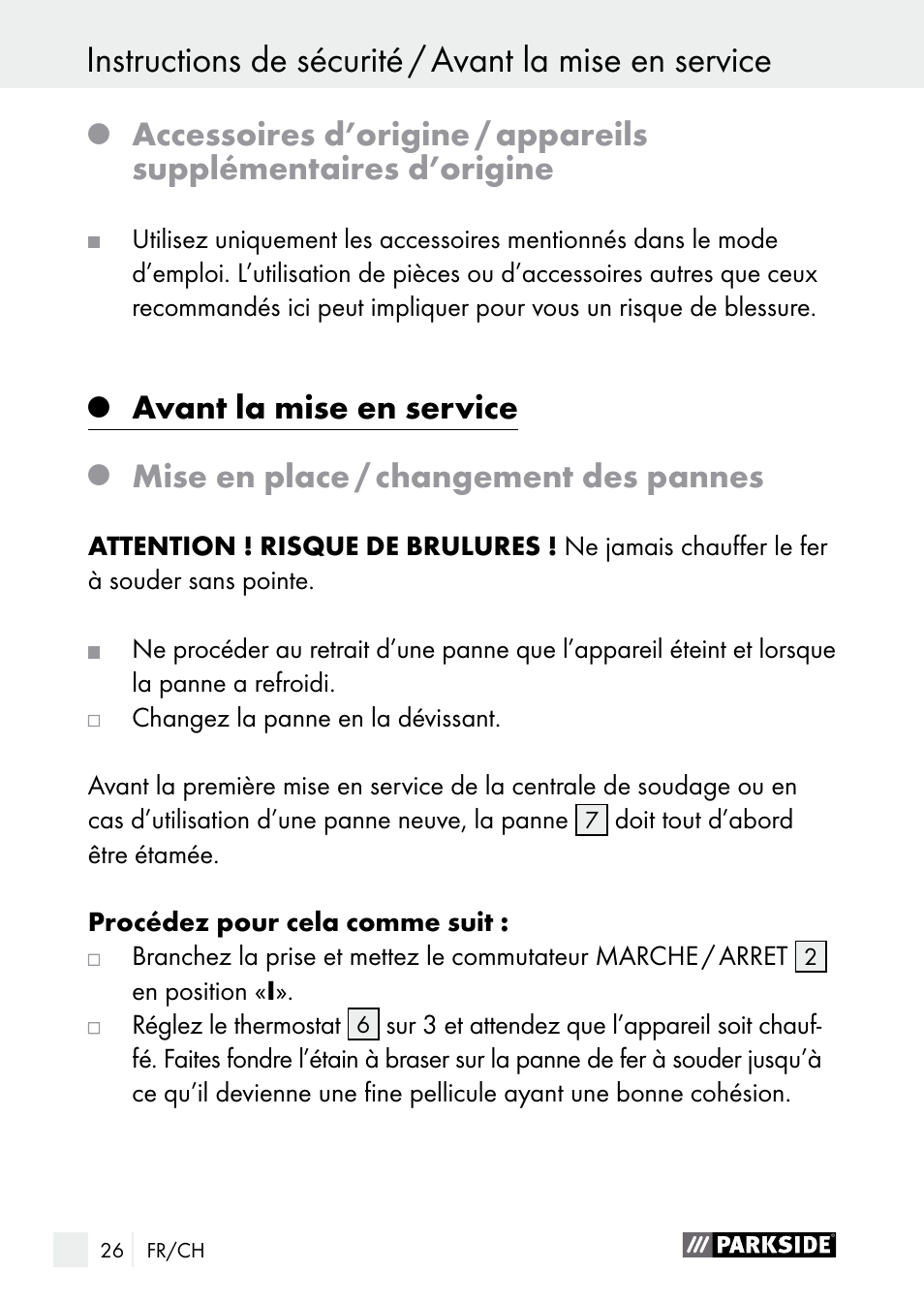 Avant la mise en service, Mise en place / changement des pannes | Parkside PLS 48 B1 User Manual | Page 26 / 60