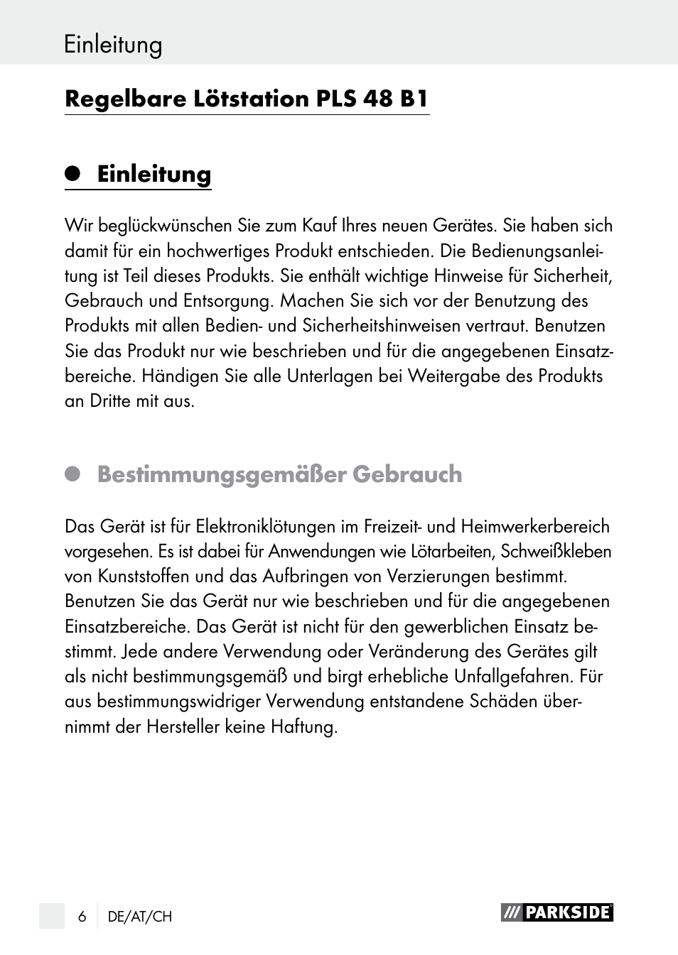 Einleitung, Regelbare lötstation pls 48 b1, Bestimmungsgemäßer gebrauch | Parkside PLS 48 B1 User Manual | Page 6 / 60