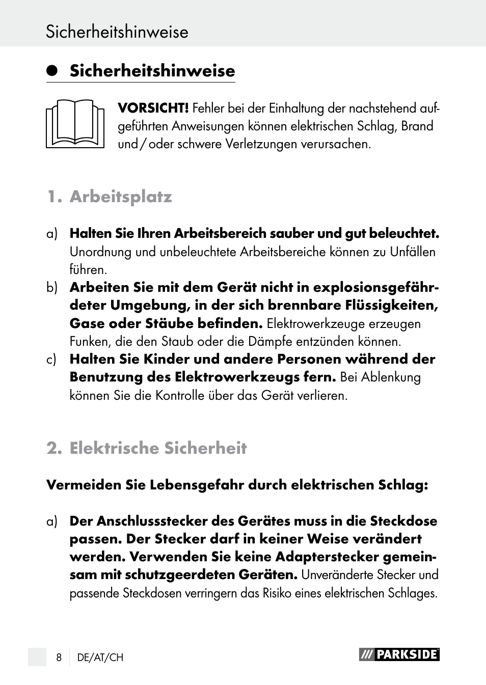 Sicherheitshinweise, Arbeitsplatz, Elektrische sicherheit | Parkside PLS 48 B1 User Manual | Page 8 / 60