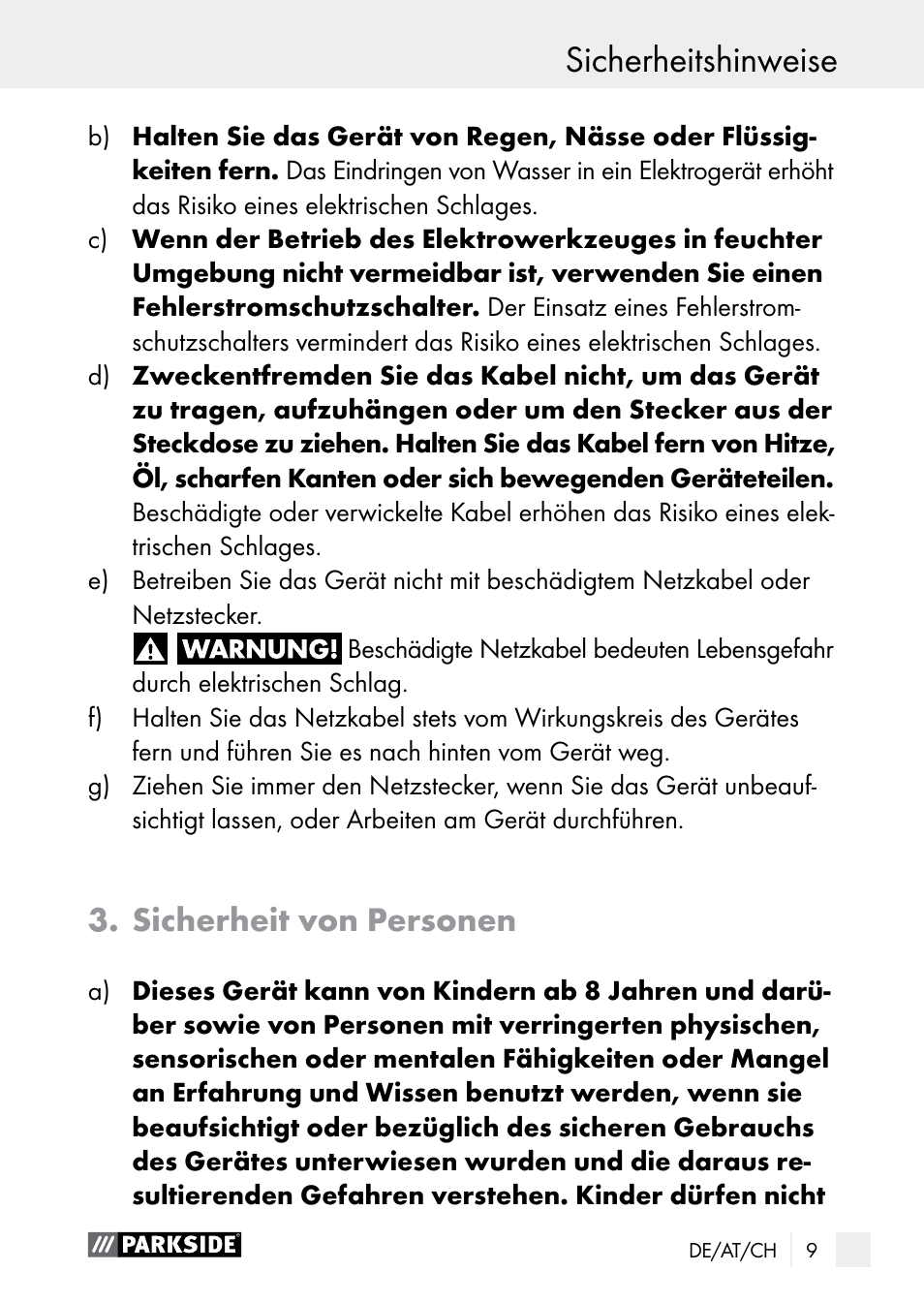 Sicherheitshinweise, Sicherheit von personen | Parkside PLS 48 B1 User Manual | Page 9 / 60