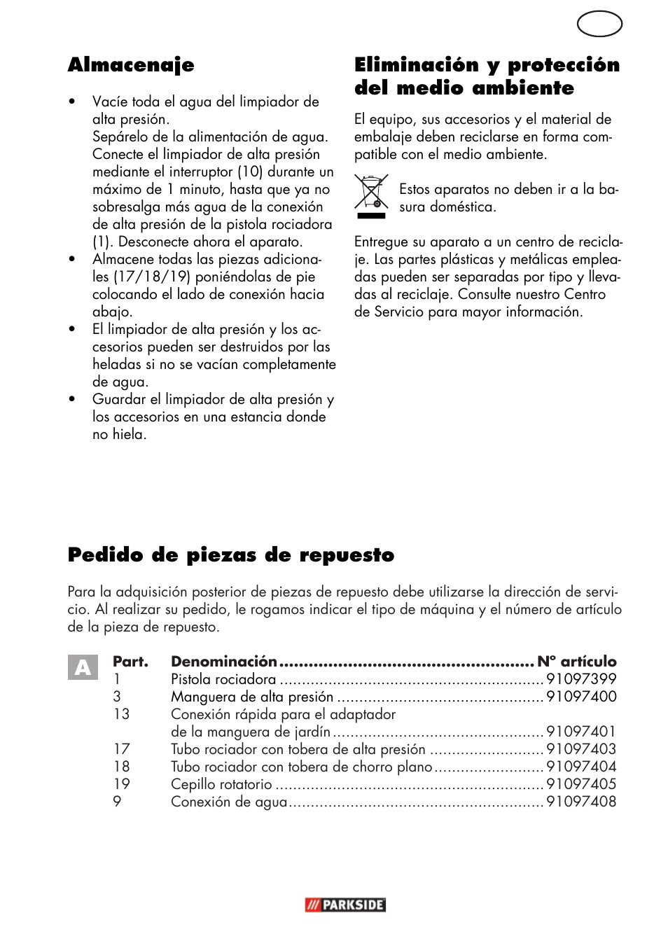 Es almacenaje, Eliminación y protección del medio ambiente, Pedido de piezas de repuesto | Parkside PHD 150 C2 User Manual | Page 13 / 70