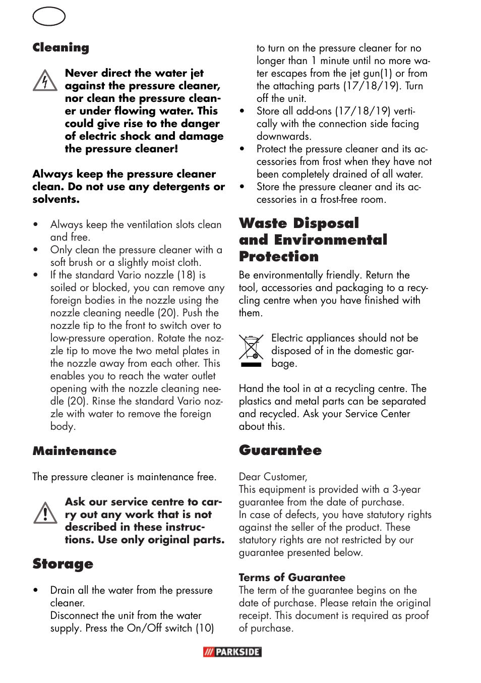 Storage, Waste disposal and environmental protection, Guarantee | Parkside PHD 150 C2 User Manual | Page 12 / 94