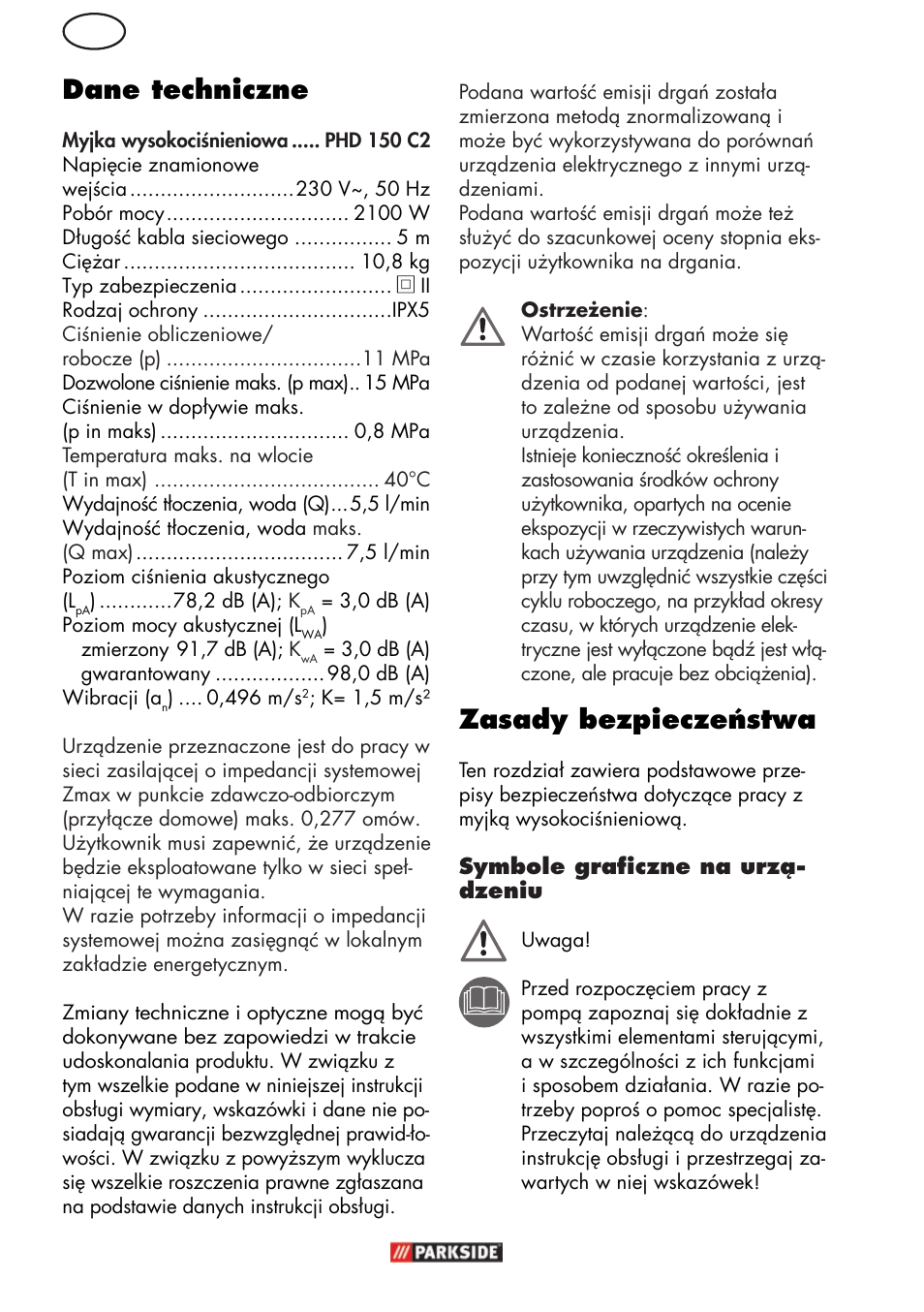 Pl dane techniczne, Zasady bezpieczeństwa | Parkside PHD 150 C2 User Manual | Page 18 / 94