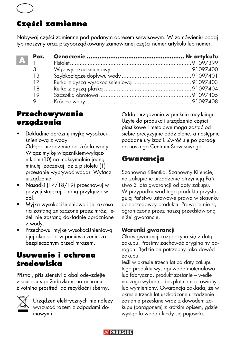 Pl przechowywanie urządzenia, Usuwanie i ochrona środowiska, Gwarancja | Części zamienne | Parkside PHD 150 C2 User Manual | Page 26 / 94