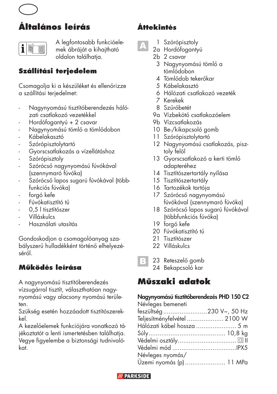 Műszaki adatok, Általános leírás | Parkside PHD 150 C2 User Manual | Page 30 / 94