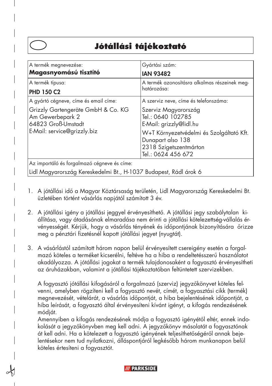 Jótállási tájékoztató | Parkside PHD 150 C2 User Manual | Page 39 / 94