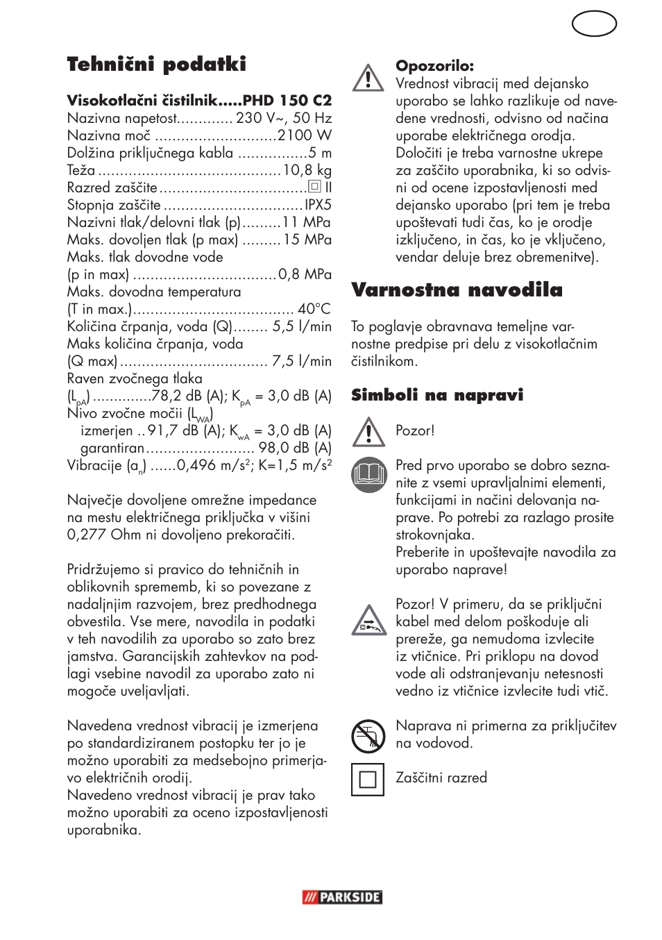 Si tehnični podatki, Varnostna navodila | Parkside PHD 150 C2 User Manual | Page 43 / 94