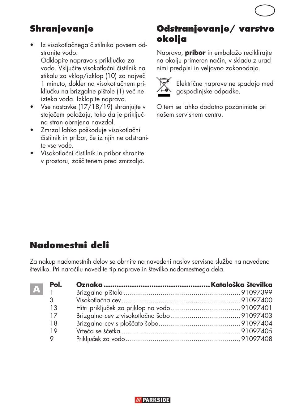 Si shranjevanje, Odstranjevanje/ varstvo okolja, Nadomestni deli | Parkside PHD 150 C2 User Manual | Page 49 / 94