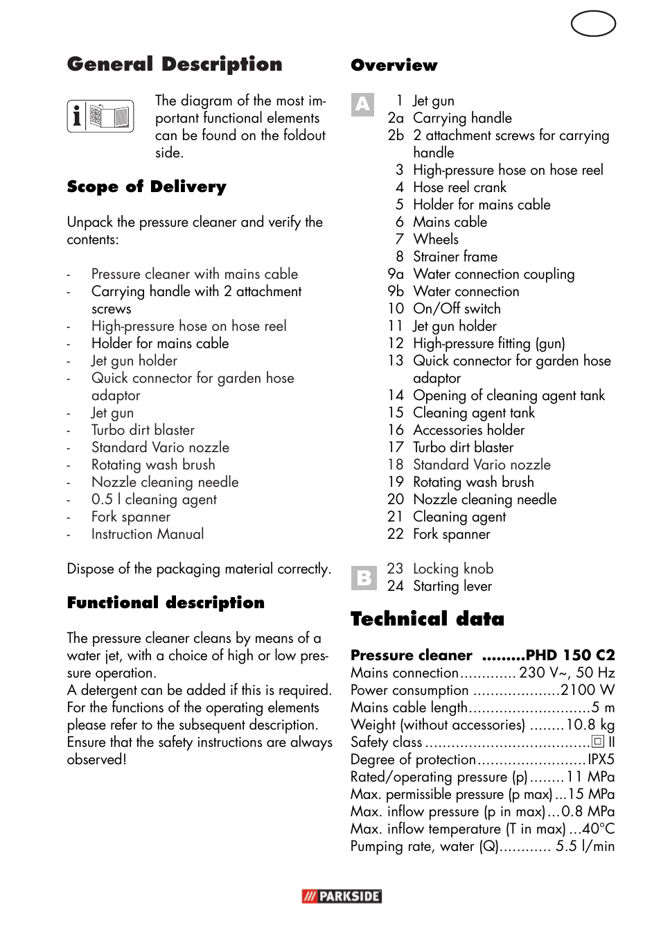 Technical data, General description | Parkside PHD 150 C2 User Manual | Page 5 / 94