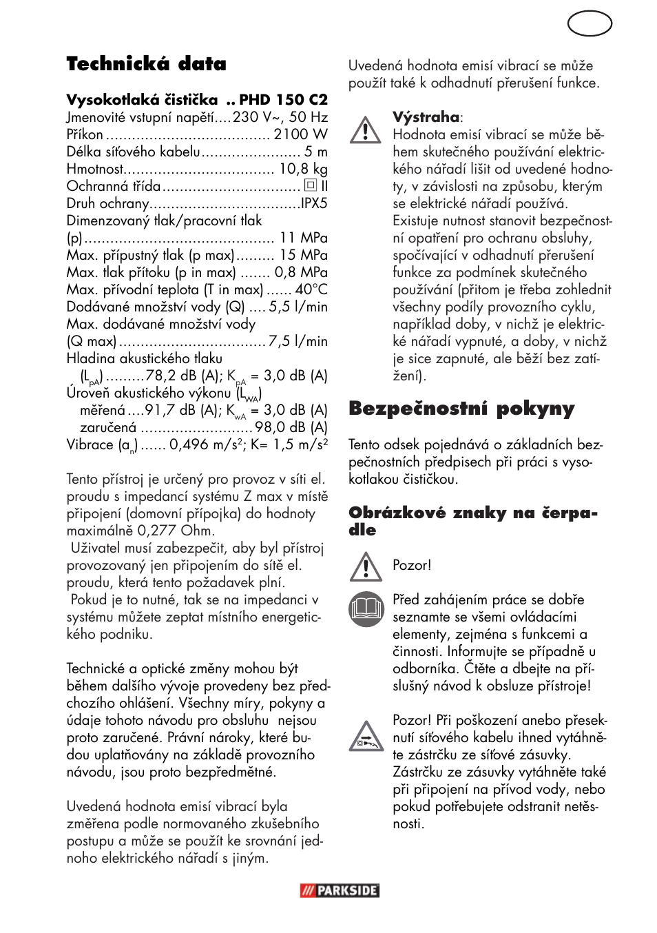 Cz technická data, Bezpečnostní pokyny | Parkside PHD 150 C2 User Manual | Page 55 / 94