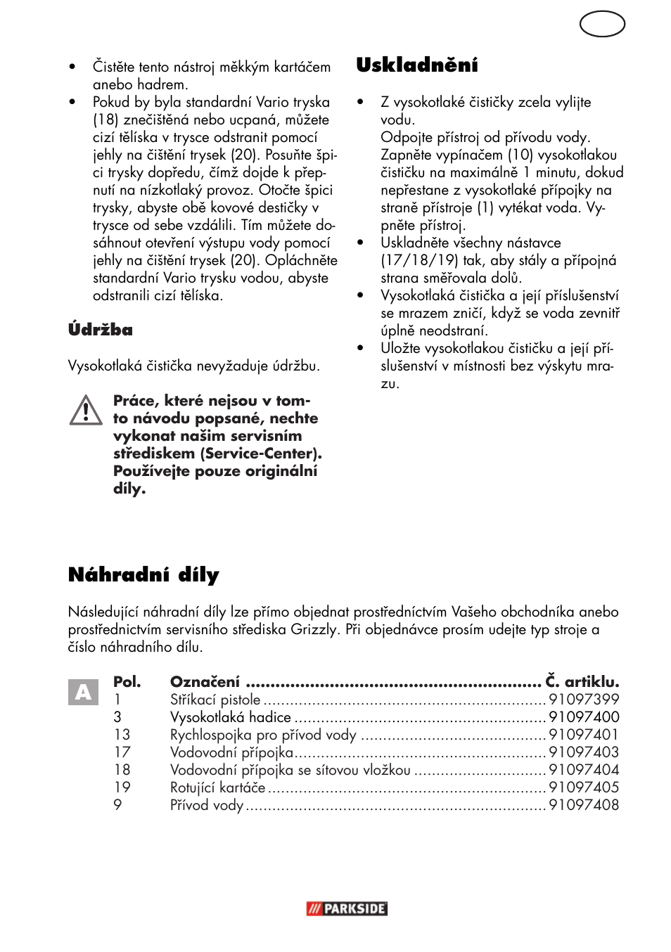 Uskladnění, Náhradní díly | Parkside PHD 150 C2 User Manual | Page 61 / 94