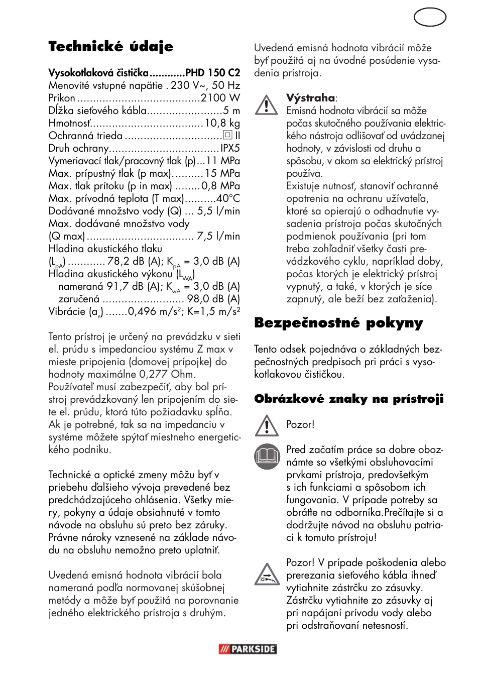 Sk technické údaje, Bezpečnostné pokyny | Parkside PHD 150 C2 User Manual | Page 67 / 94