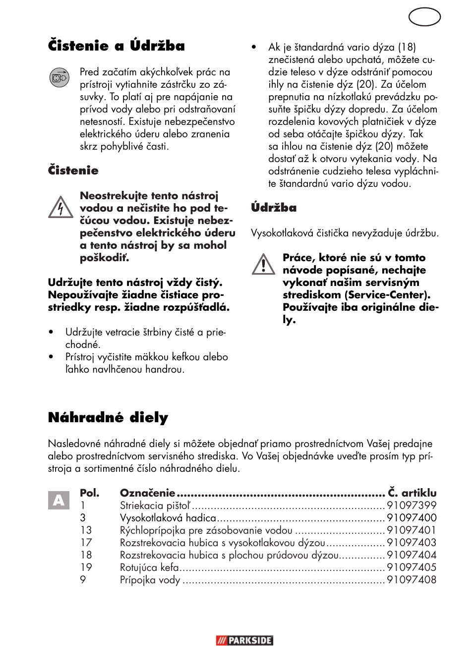 Sk čistenie a údržba, Náhradné diely | Parkside PHD 150 C2 User Manual | Page 73 / 94