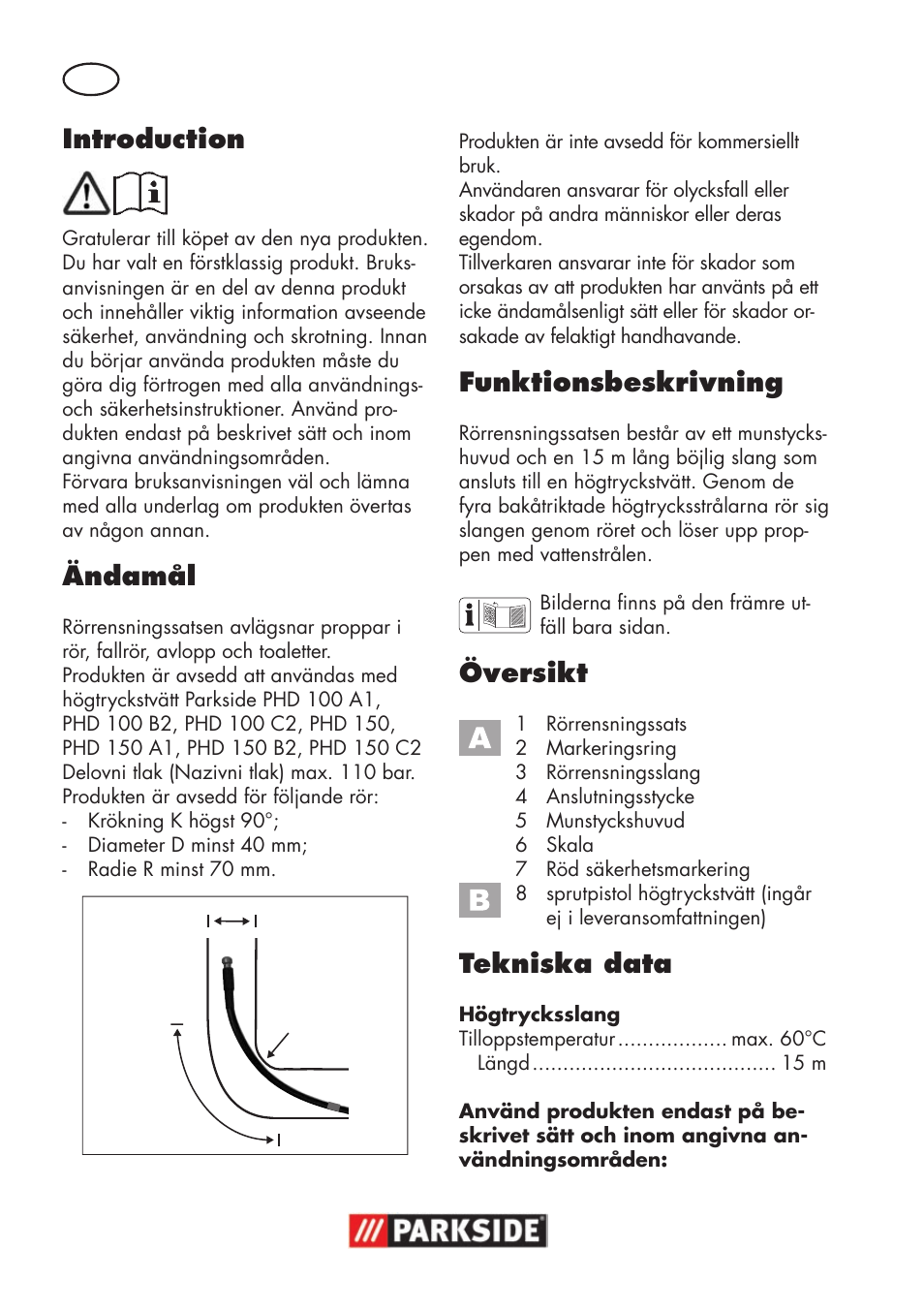 Introduction, Ändamål, Funktionsbeskrivning | Översikt, Tekniska data | Parkside Pipe Cleaning Set User Manual | Page 10 / 22