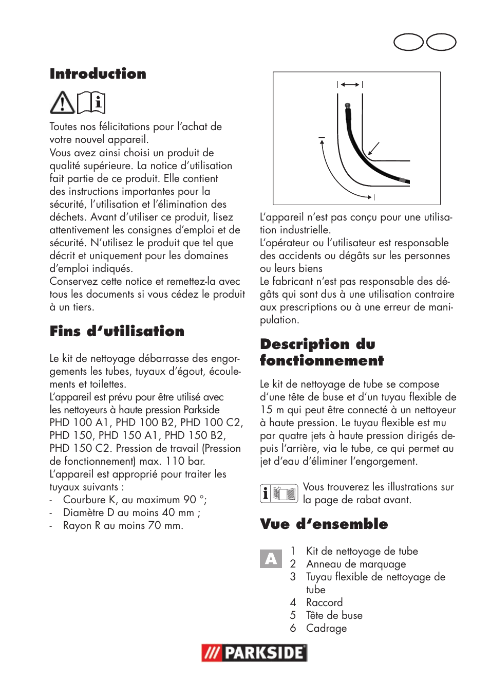Introduction, Fins d‘utilisation, Description du fonctionnement | Vue d‘ensemble, Be fr | Parkside Pipe Cleaning Set User Manual | Page 13 / 22