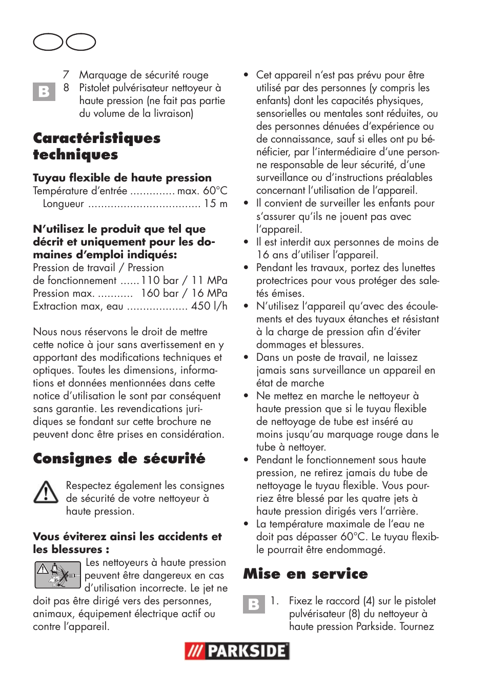 Caractéristiques techniques, Consignes de sécurité, Mise en service | Fr be | Parkside Pipe Cleaning Set User Manual | Page 14 / 22