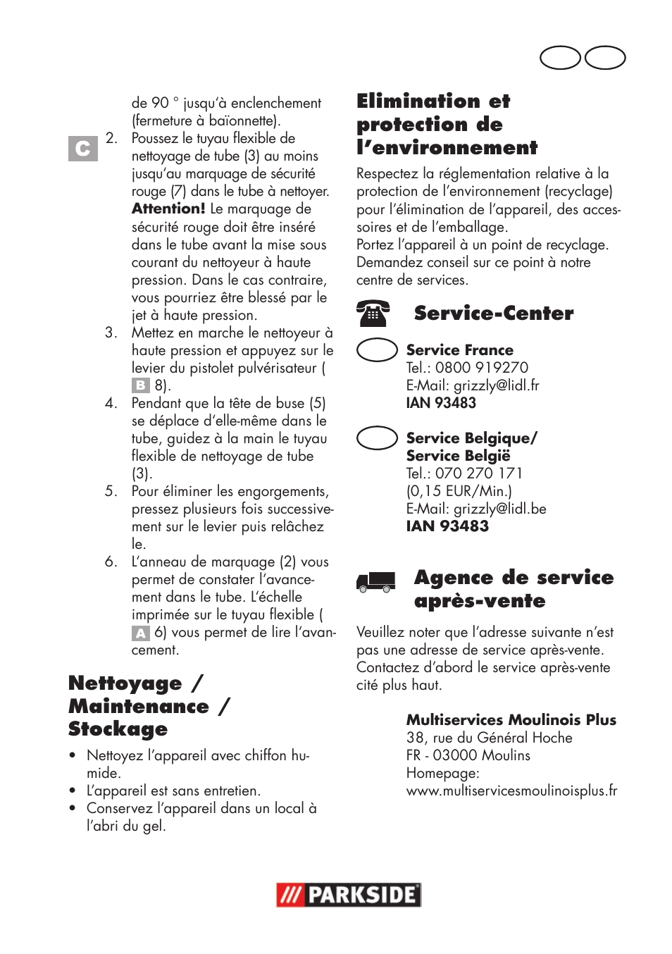 Nettoyage / maintenance / stockage, Elimination et protection de l’environnement, Service-center | Agence de service après-vente | Parkside Pipe Cleaning Set User Manual | Page 15 / 22