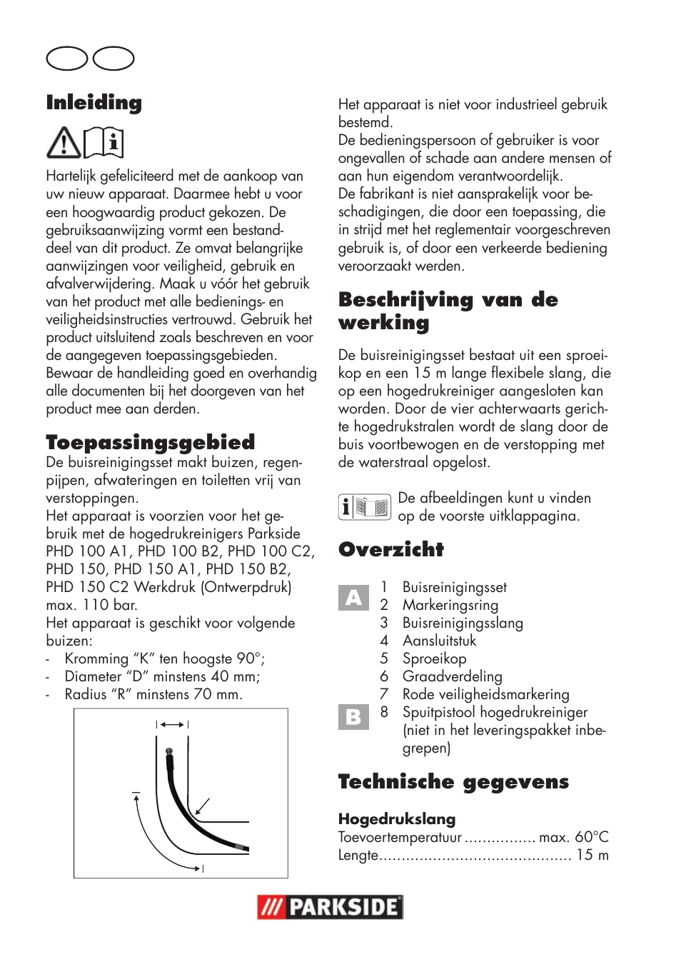 Inleiding, Toepassingsgebied, Beschrijving van de werking | Overzicht, Technische gegevens, Nl be | Parkside Pipe Cleaning Set User Manual | Page 16 / 22