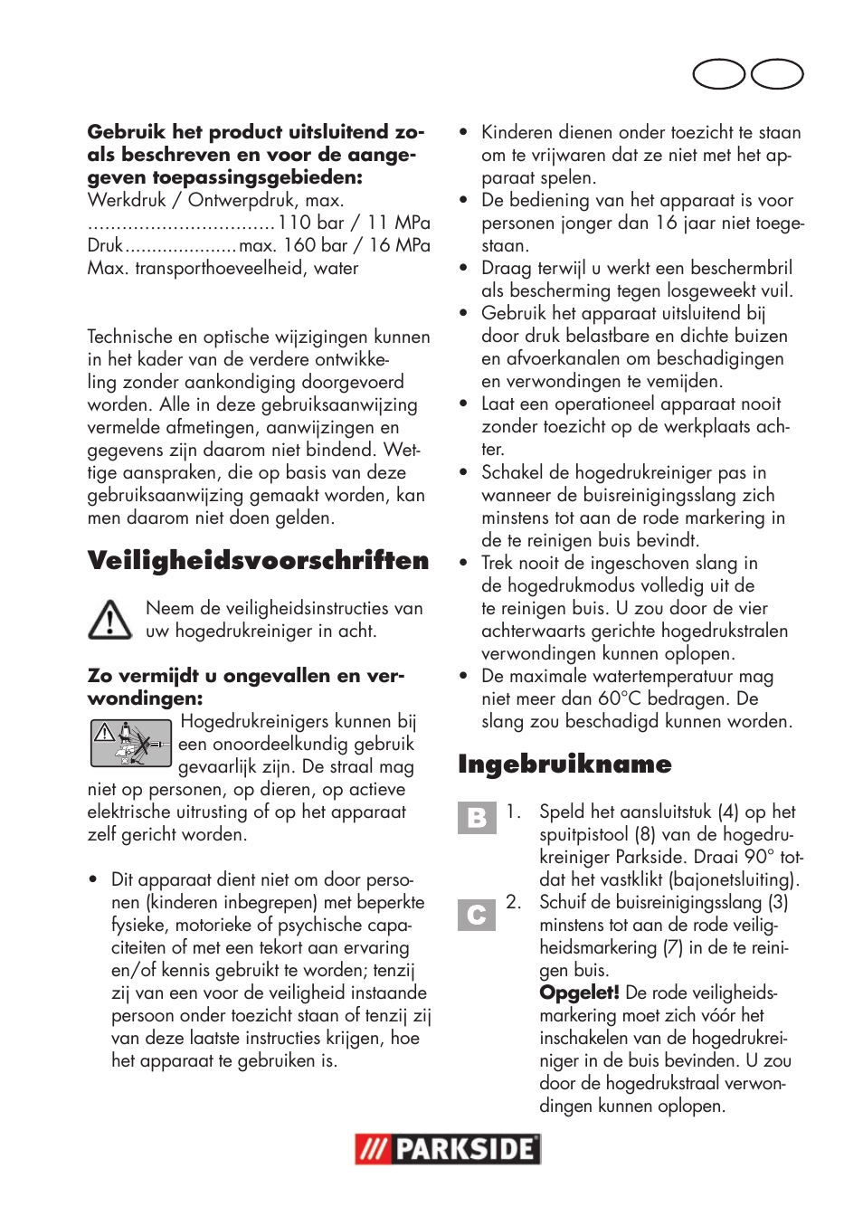 Veiligheidsvoorschriften, Ingebruikname, Be nl | Parkside Pipe Cleaning Set User Manual | Page 17 / 22