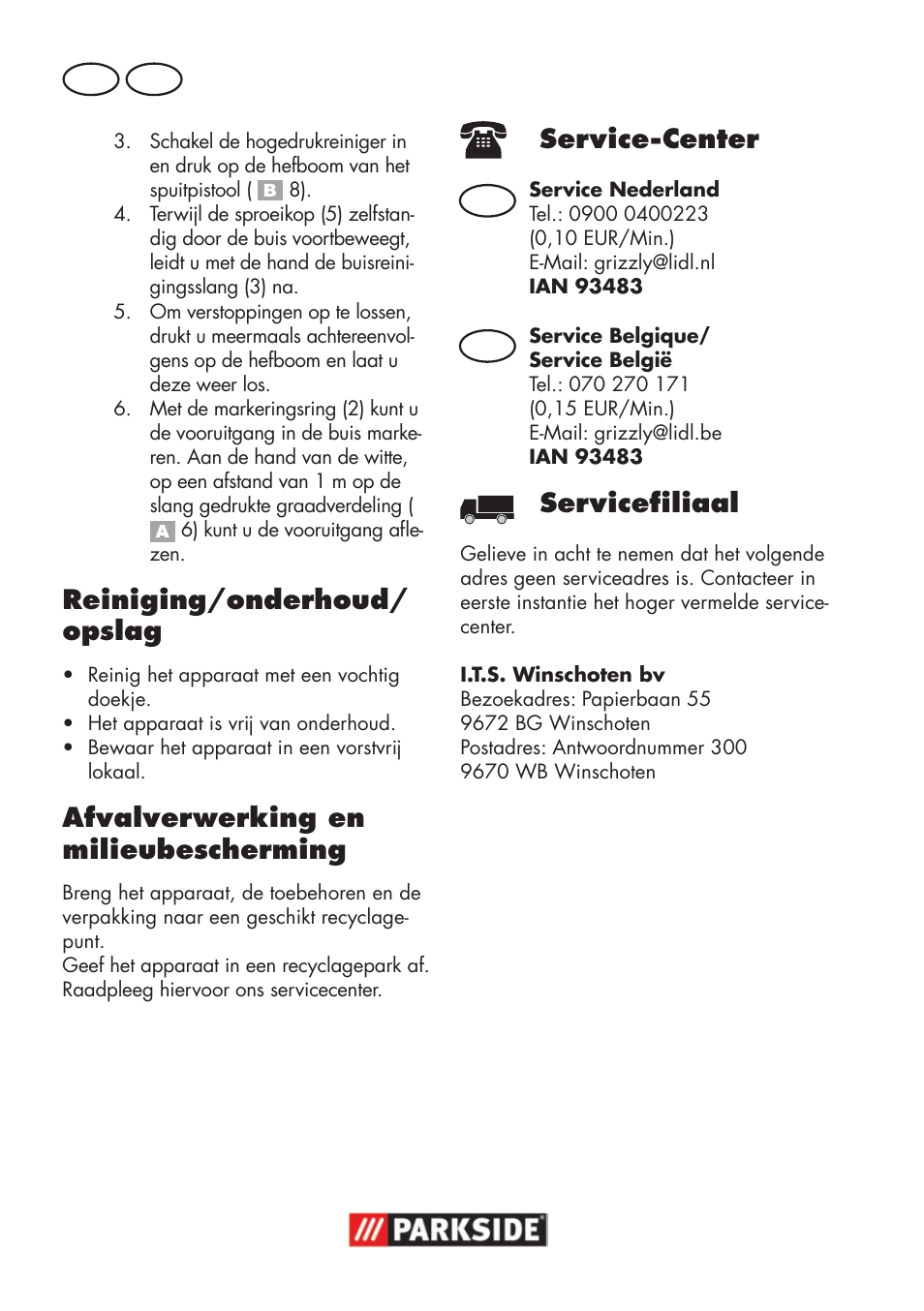 Reiniging/onderhoud/ opslag, Afvalverwerking en milieubescherming, Service-center | Servicefiliaal | Parkside Pipe Cleaning Set User Manual | Page 18 / 22