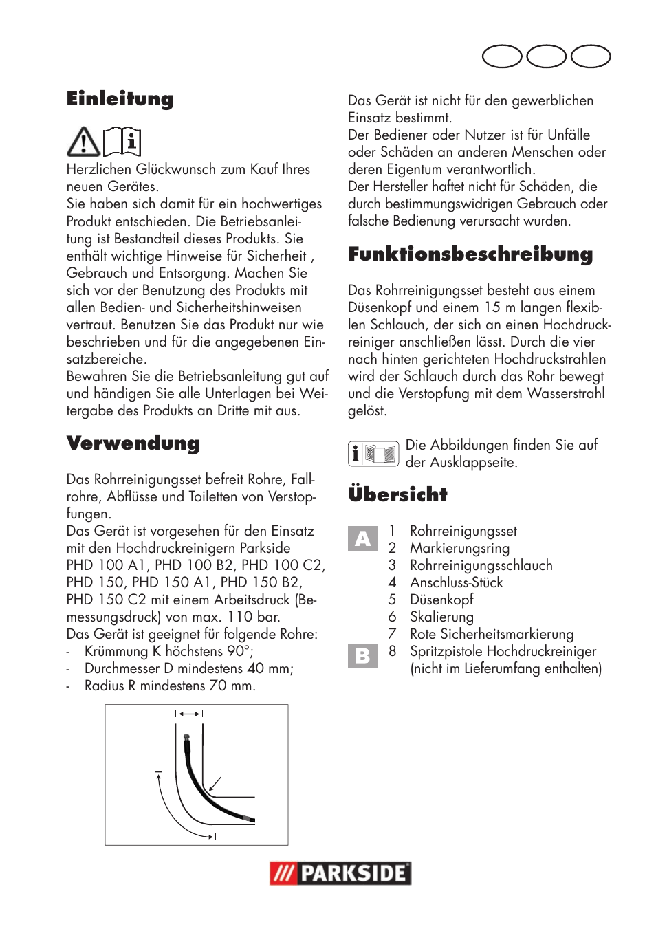 Einleitung, Verwendung, Funktionsbeschreibung | Übersicht, De at ch | Parkside Pipe Cleaning Set User Manual | Page 19 / 22