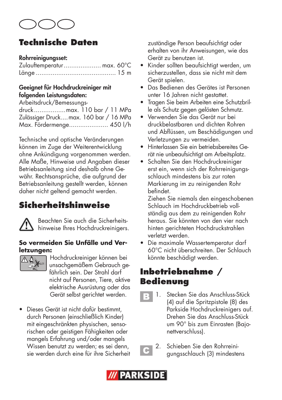 Technische daten, Sicherheitshinweise, Inbetriebnahme / bedienung | De at ch | Parkside Pipe Cleaning Set User Manual | Page 20 / 22