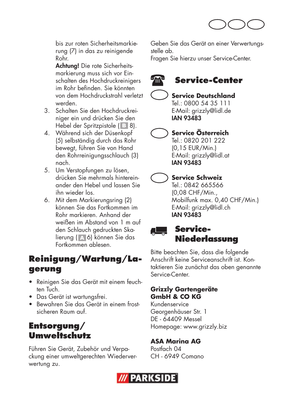 Reinigung/wartung/la- gerung, Entsorgung/ umweltschutz, Service-center | Service- niederlassung | Parkside Pipe Cleaning Set User Manual | Page 21 / 22
