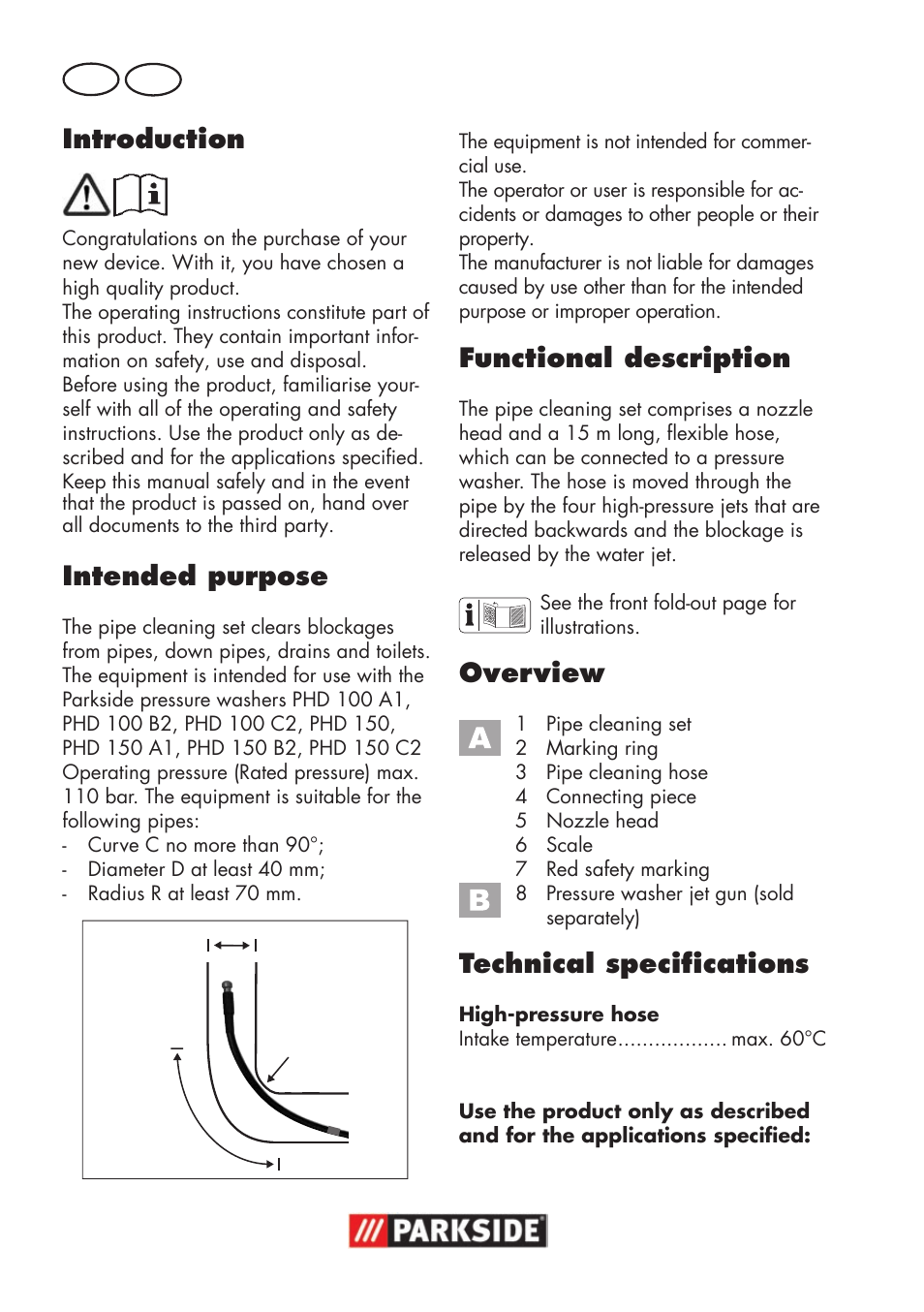 Introduction, Intended purpose, Functional description | Overview, Technical specifications, Gb ie | Parkside Pipe Cleaning Set User Manual | Page 4 / 22