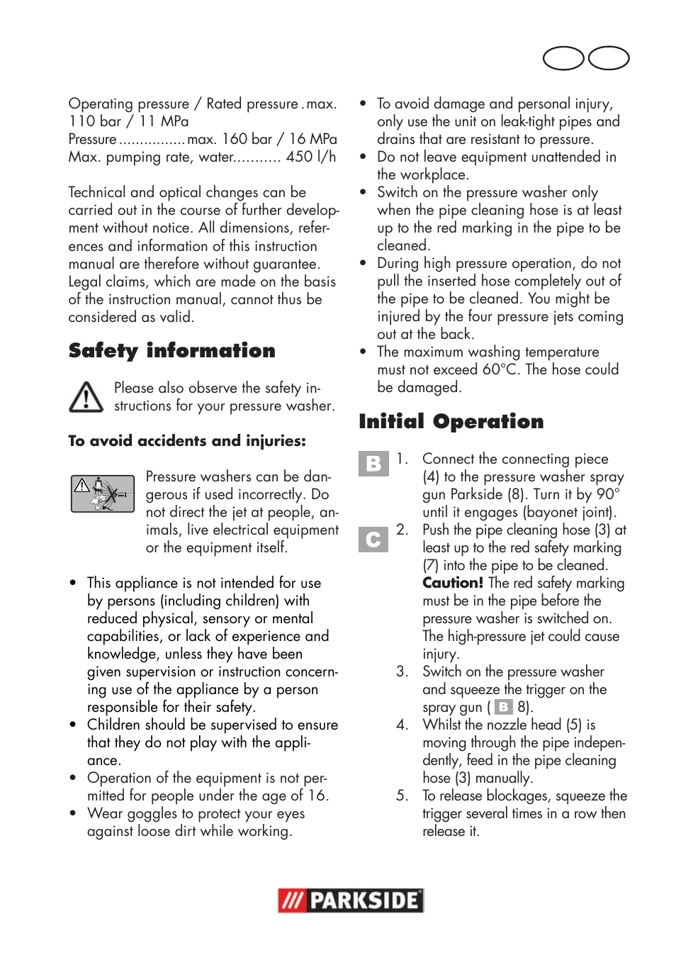 Safety information, Initial operation, Ie gb | Parkside Pipe Cleaning Set User Manual | Page 5 / 22