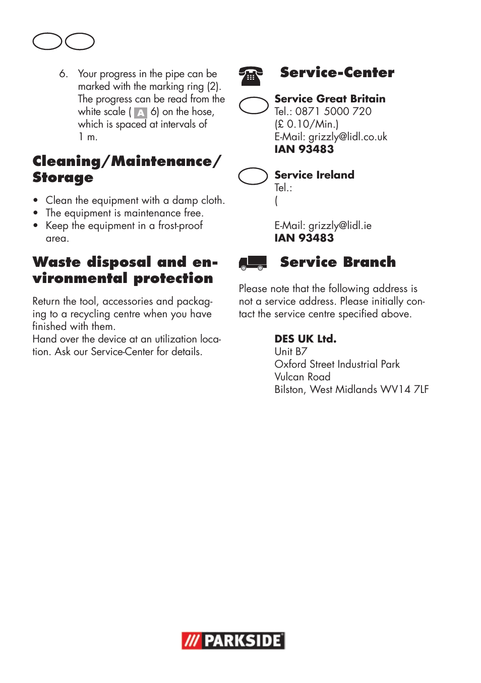 Cleaning/maintenance/ storage, Waste disposal and en- vironmental protection, Service-center | Service branch | Parkside Pipe Cleaning Set User Manual | Page 6 / 22