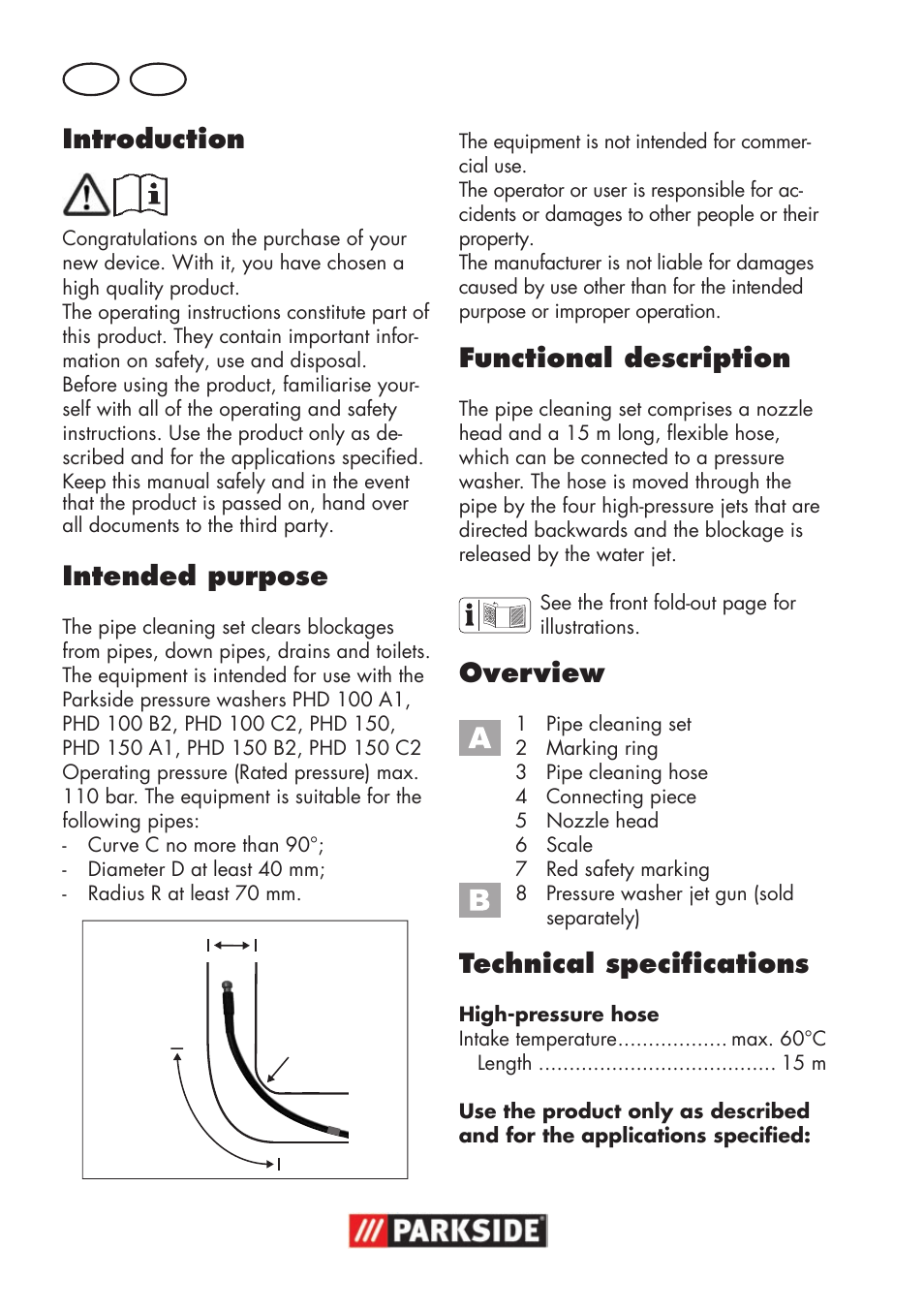 Introduction, Intended purpose, Functional description | Overview, Technical specifications, Gb mt | Parkside Pipe Cleaning Set User Manual | Page 10 / 18