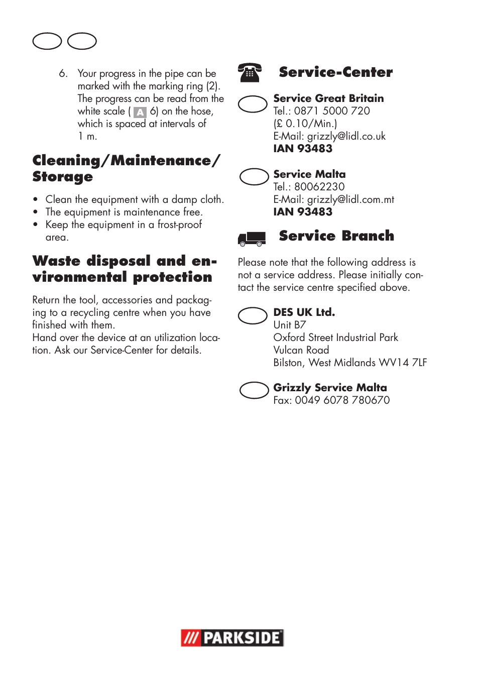 Cleaning/maintenance/ storage, Waste disposal and en- vironmental protection, Service-center | Service branch | Parkside Pipe Cleaning Set User Manual | Page 12 / 18