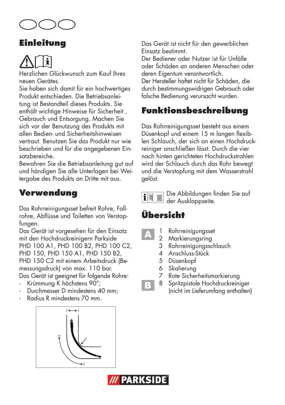 Einleitung, Verwendung, Funktionsbeschreibung | Übersicht, De at ch | Parkside Pipe Cleaning Set User Manual | Page 14 / 18