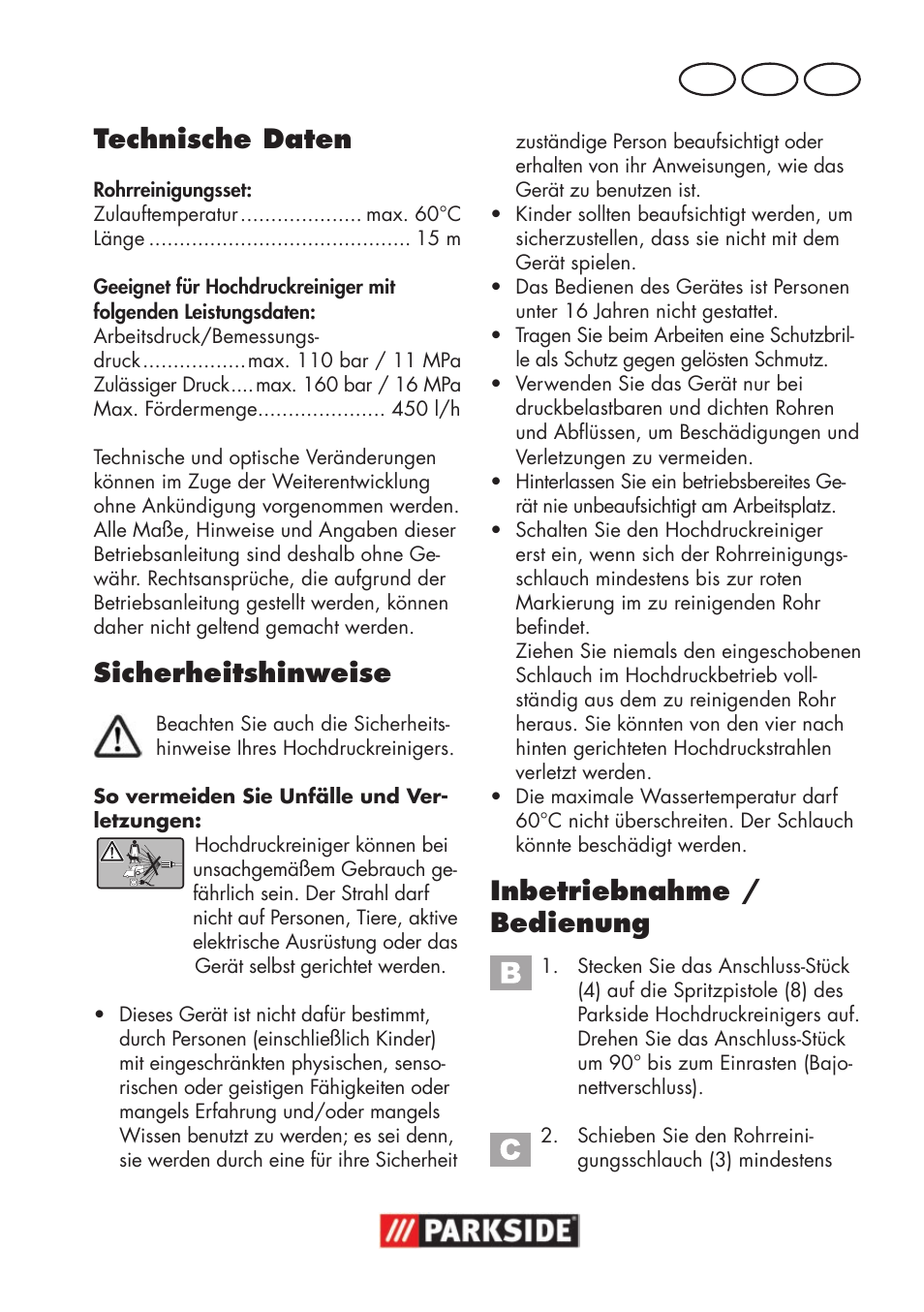 Technische daten, Sicherheitshinweise, Inbetriebnahme / bedienung | De at ch | Parkside Pipe Cleaning Set User Manual | Page 15 / 18