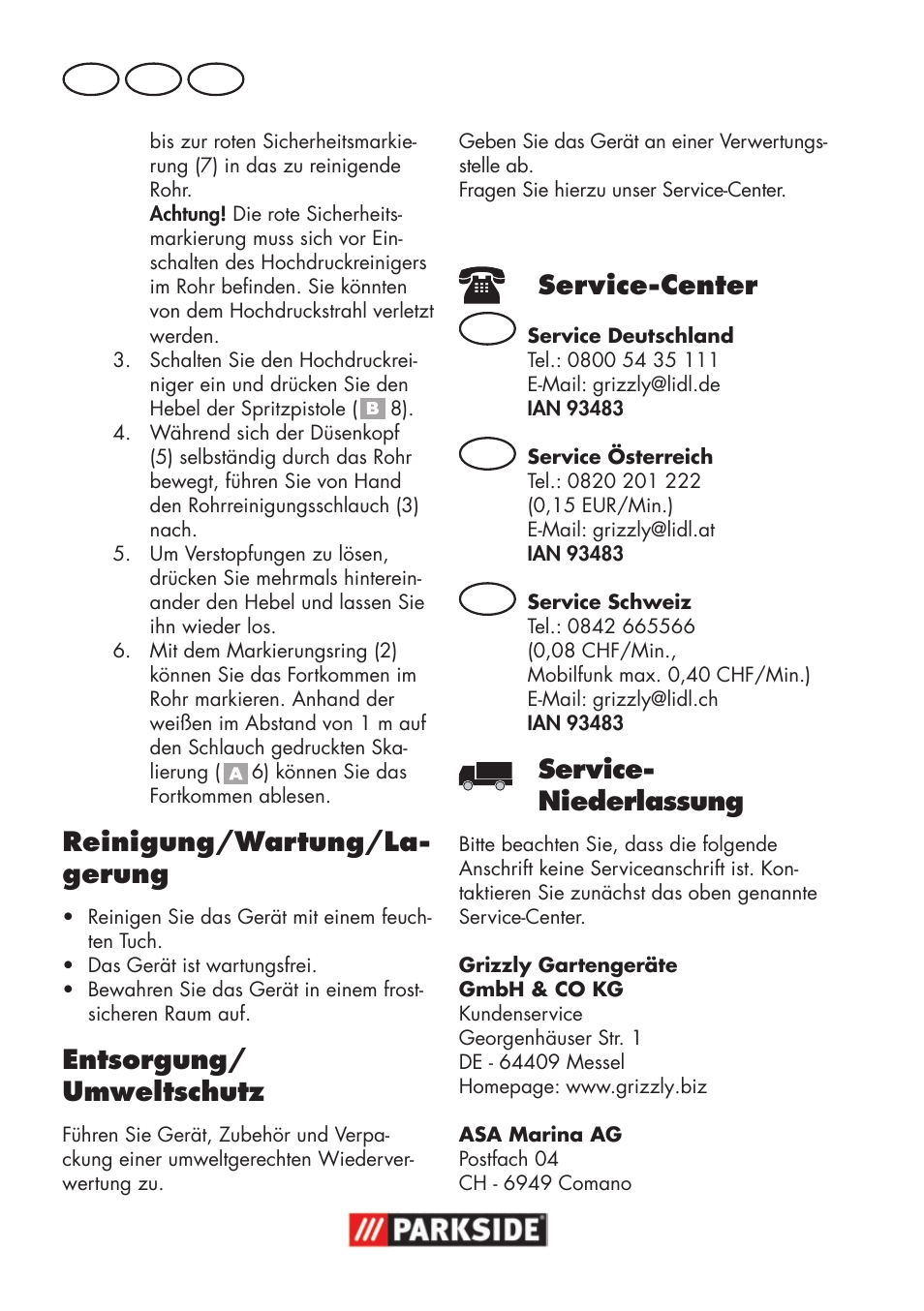 Reinigung/wartung/la- gerung, Entsorgung/ umweltschutz, Service-center | Service- niederlassung | Parkside Pipe Cleaning Set User Manual | Page 16 / 18