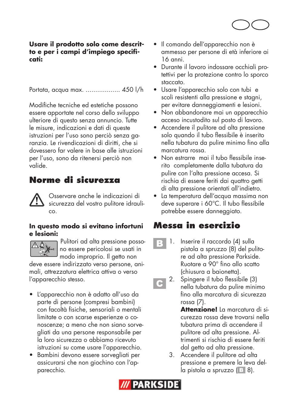 Norme di sicurezza, Messa in esercizio, It mt | Parkside Pipe Cleaning Set User Manual | Page 5 / 18