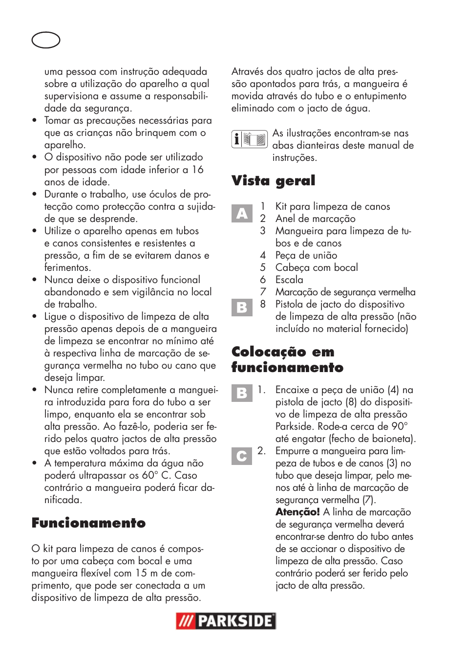 Funcionamento, Vista geral, Colocação em funcionamento | Parkside Pipe Cleaning Set User Manual | Page 8 / 18