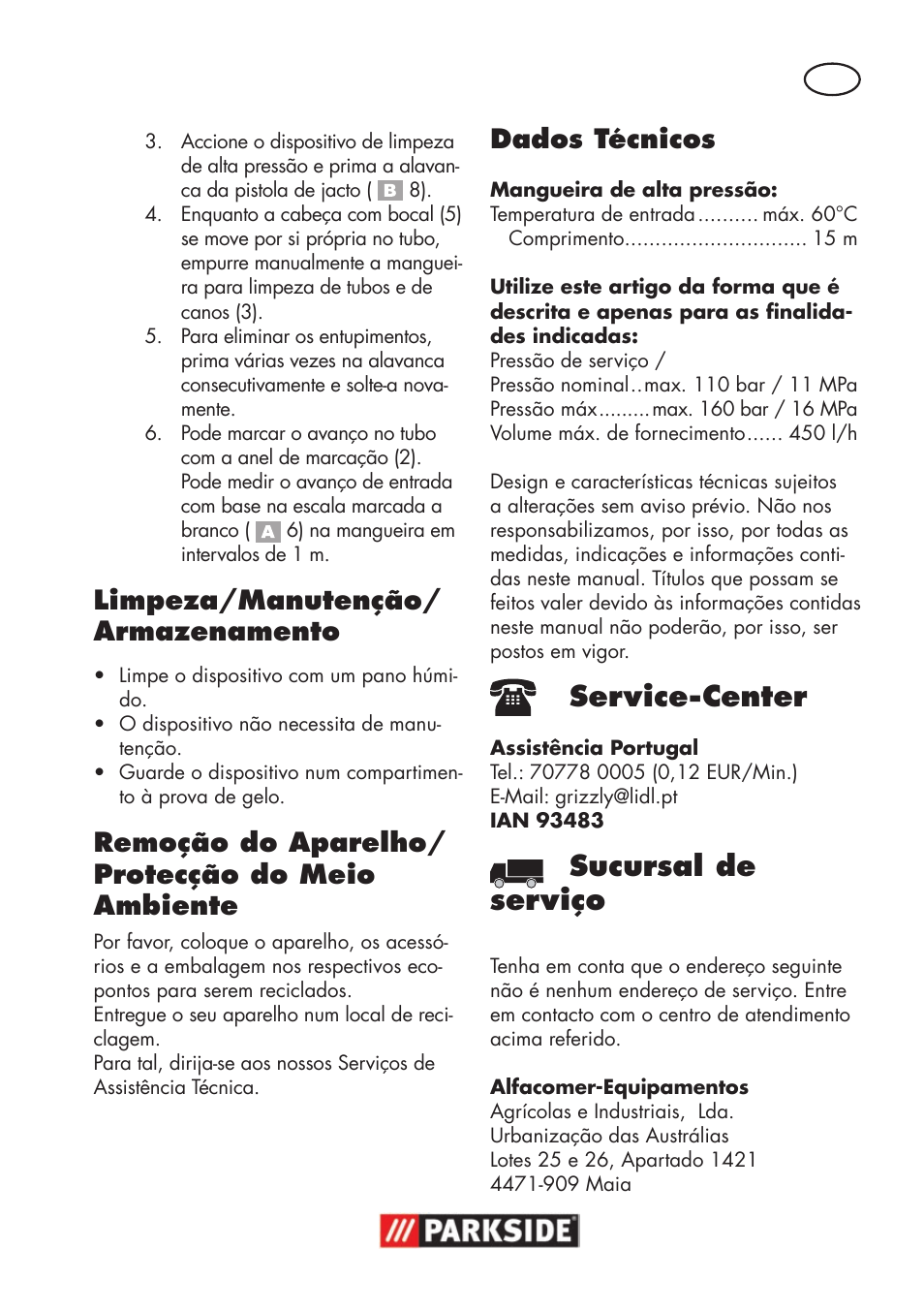 Service-center, Sucursal de serviço, Limpeza/manutenção/ armazenamento | Remoção do aparelho/ protecção do meio ambiente, Dados técnicos | Parkside Pipe Cleaning Set User Manual | Page 9 / 18