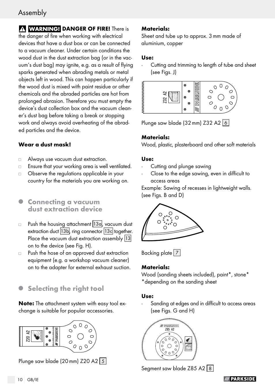 Connecting a vacuum dust extraction device, Selecting the right tool | Parkside PMFW 280 A2 User Manual | Page 10 / 60