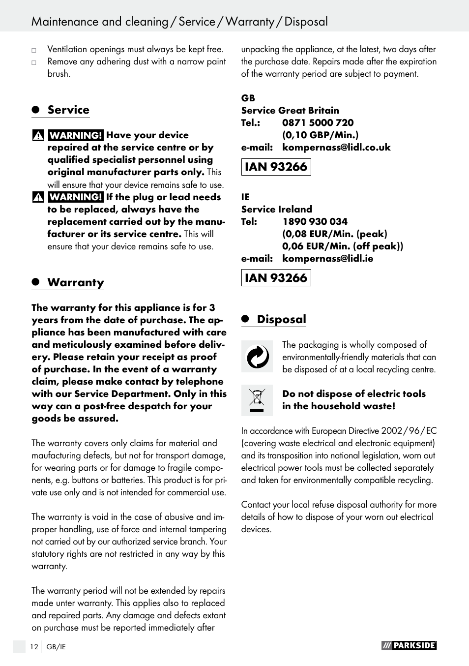 Service, Warranty, Disposal | Parkside PMFW 280 A2 User Manual | Page 12 / 60