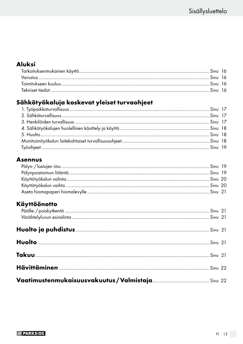 Sisällysluettelo | Parkside PMFW 280 A2 User Manual | Page 15 / 60
